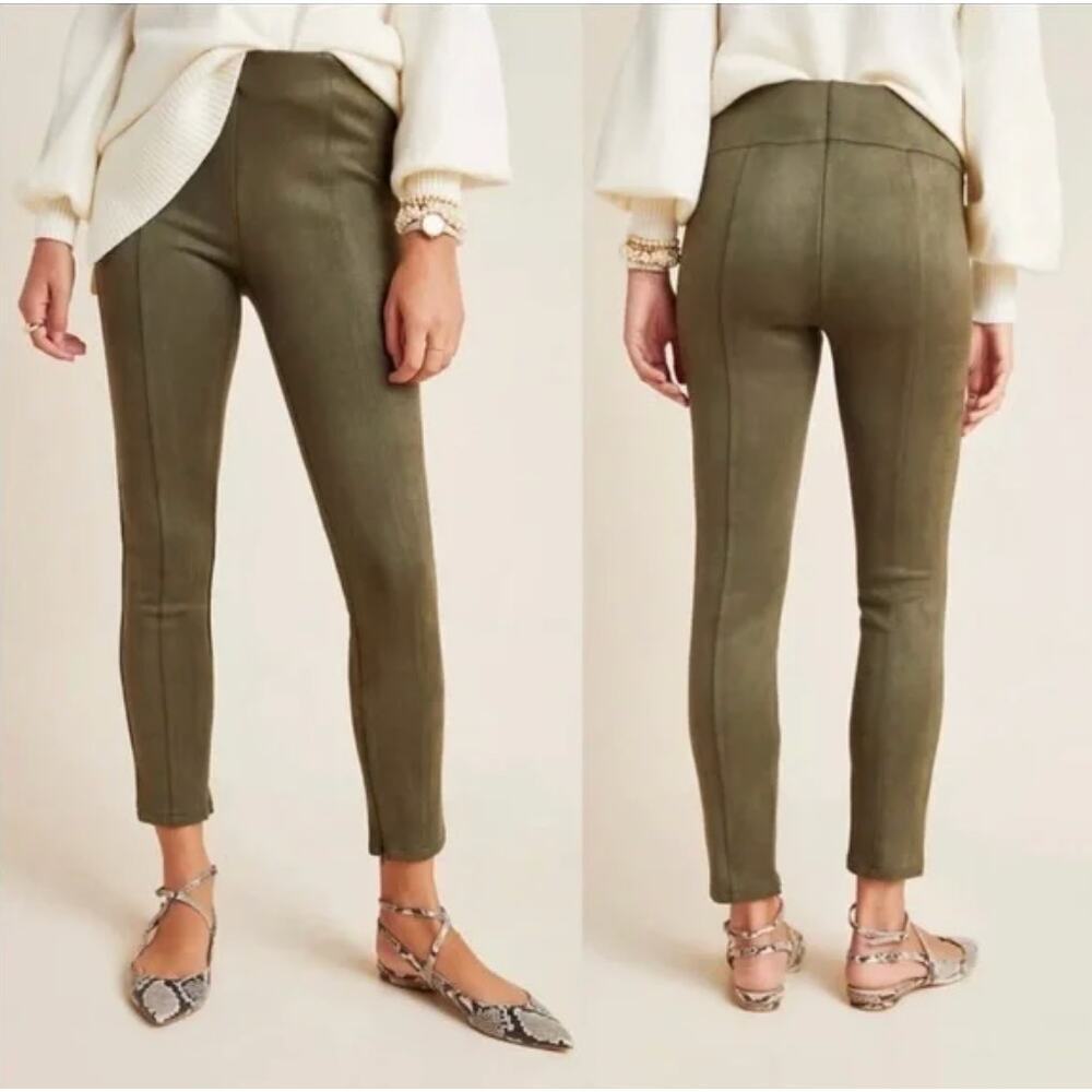 By Anthropologie Faux Suede Pants Legging Olive Green Zipper Ankles Size 27